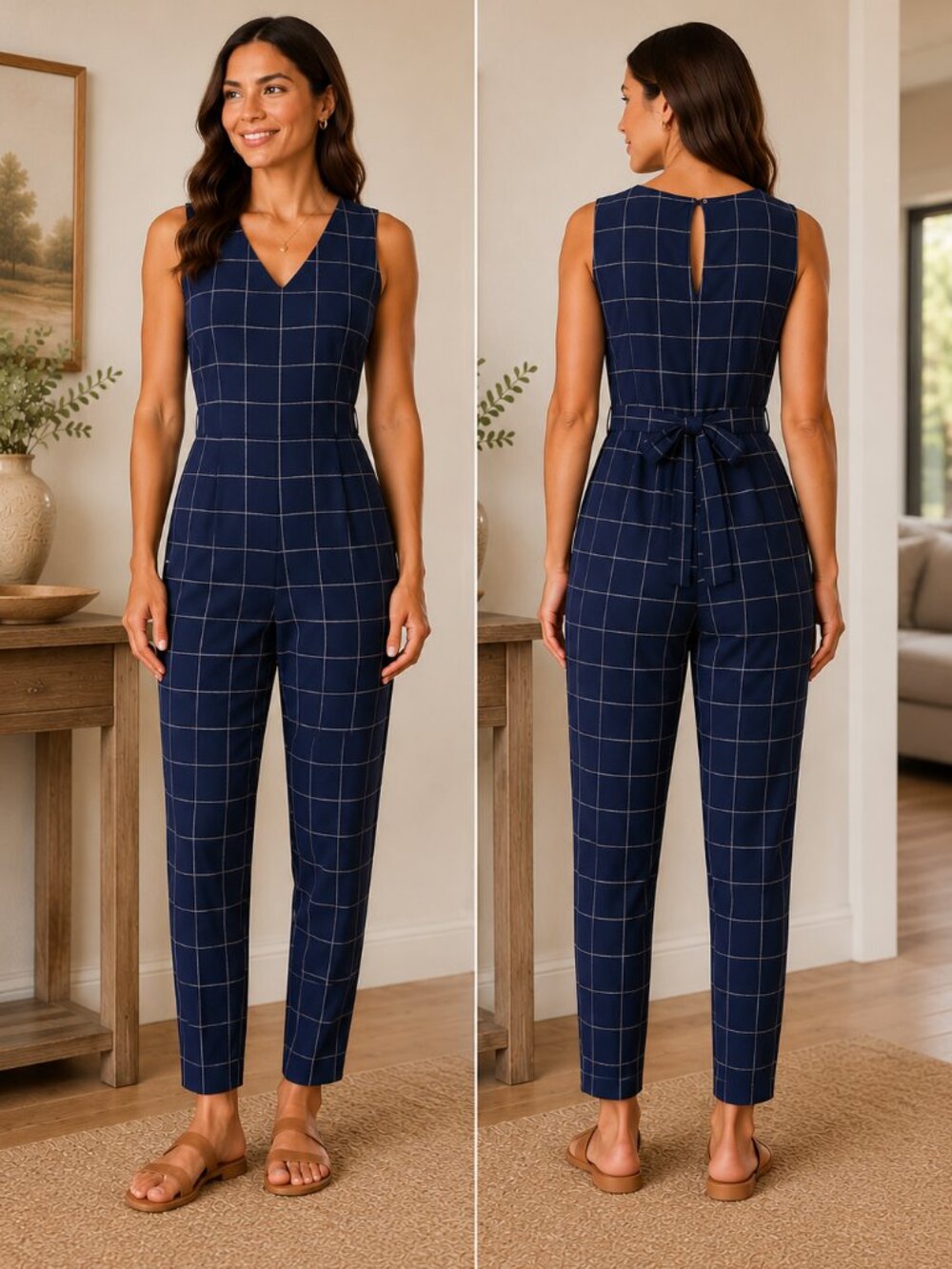 Lilac Clothing Women's Jumpsuit With Tie Waist Size XL Blue Windowpane Stretch